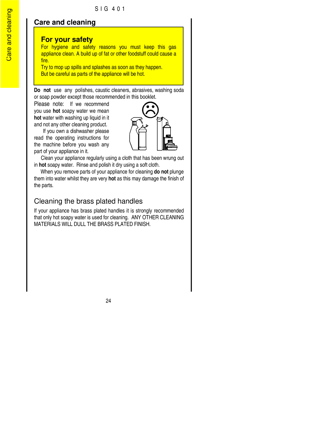 Electrolux SIG 401 installation instructions Care and cleaning For your safety, Cleaning the brass plated handles 