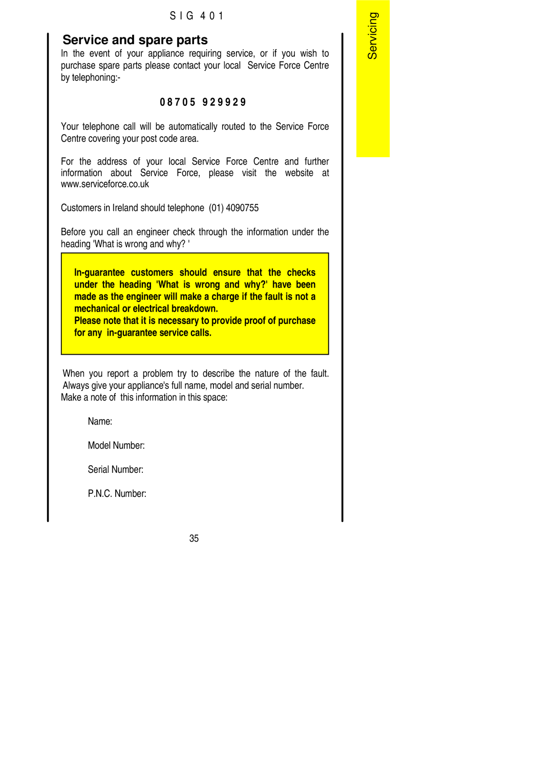 Electrolux SIG 401 installation instructions Service and spare parts, 7 0 5 9 2 9 9 2 