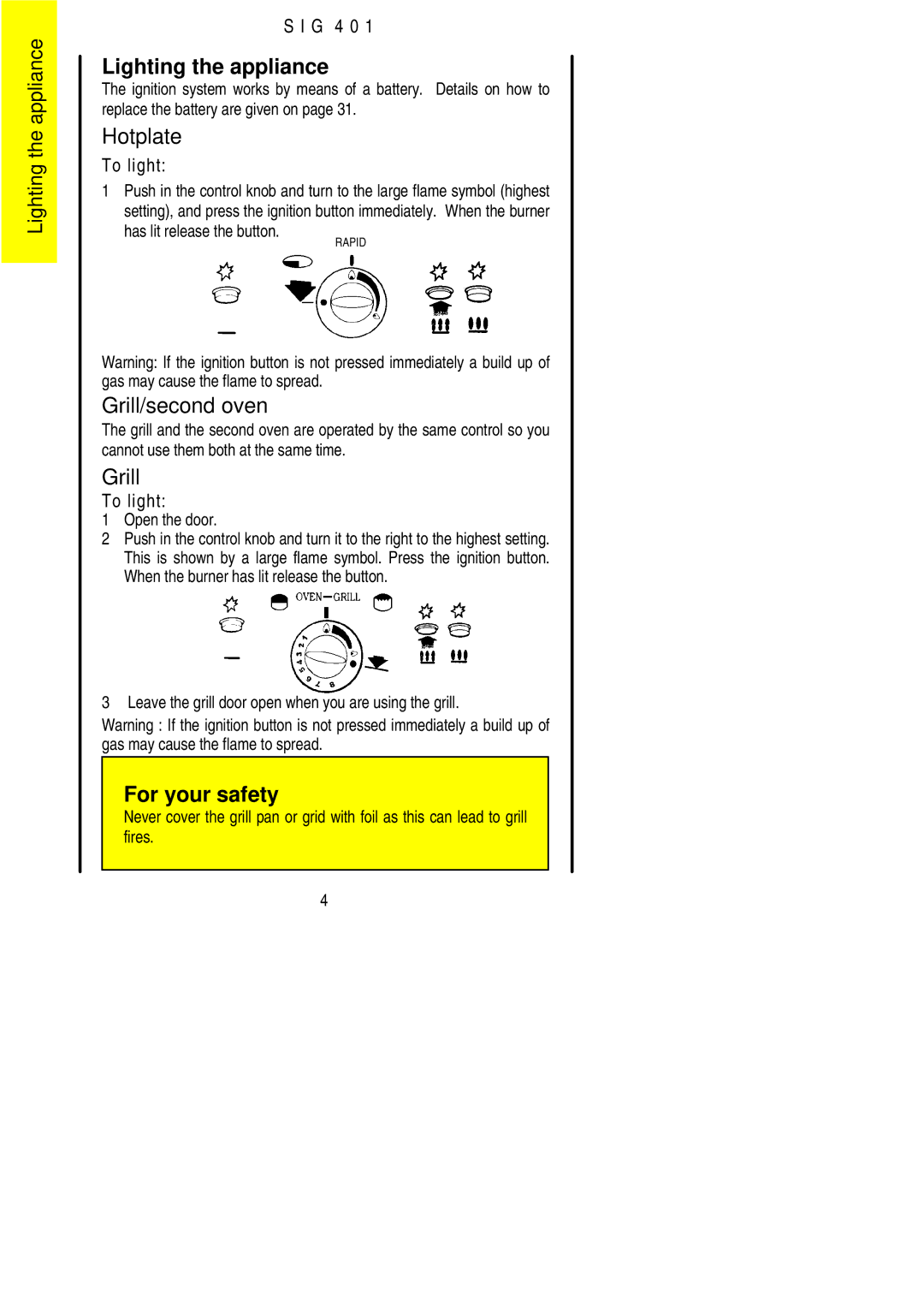 Electrolux SIG 401 installation instructions Lighting the appliance, Hotplate, Grill/second oven 