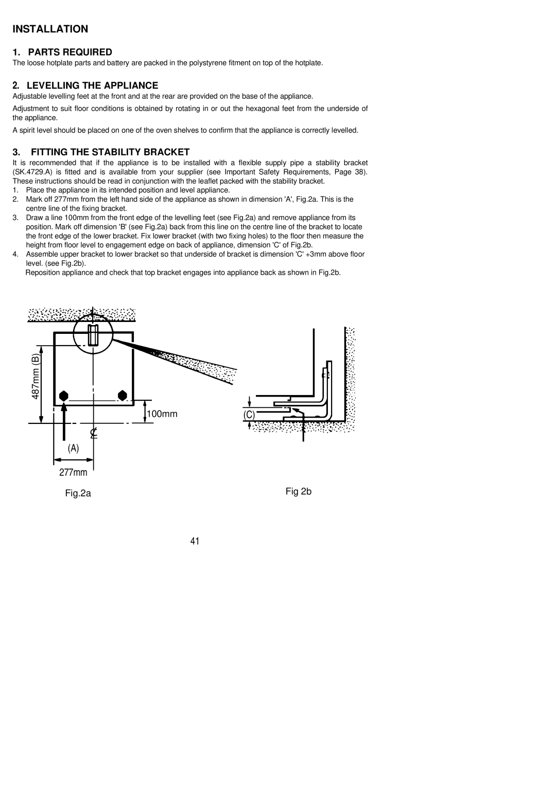 Electrolux SIG 401 installation instructions 277mm, Parts Required, Levelling the Appliance, Fitting the Stability Bracket 