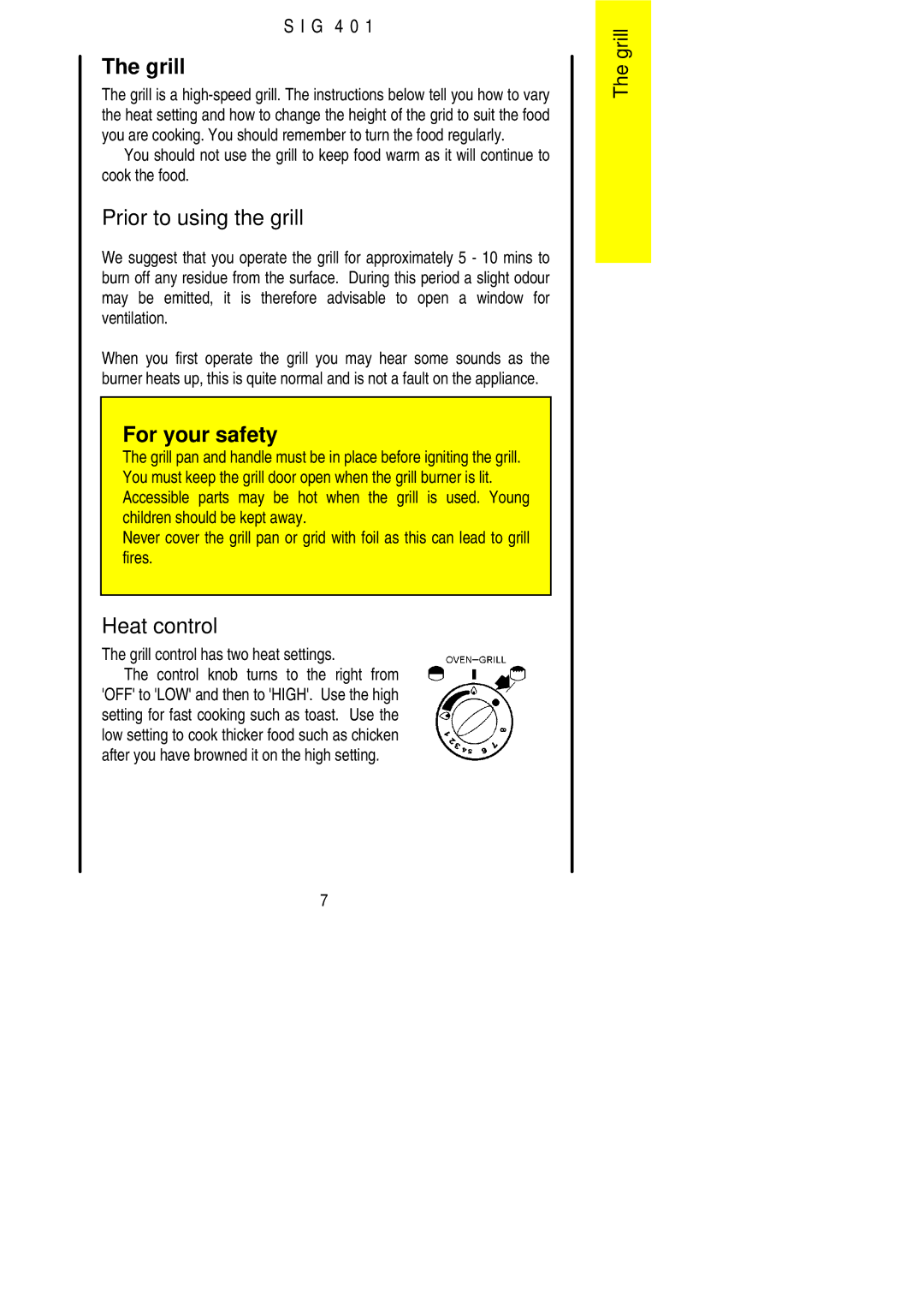 Electrolux SIG 401 Prior to using the grill, Heat control, Grill control has two heat settings 