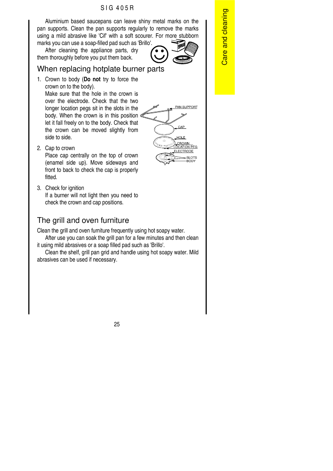 Electrolux SIG 405 R installation instructions When replacing hotplate burner parts, Grill and oven furniture 