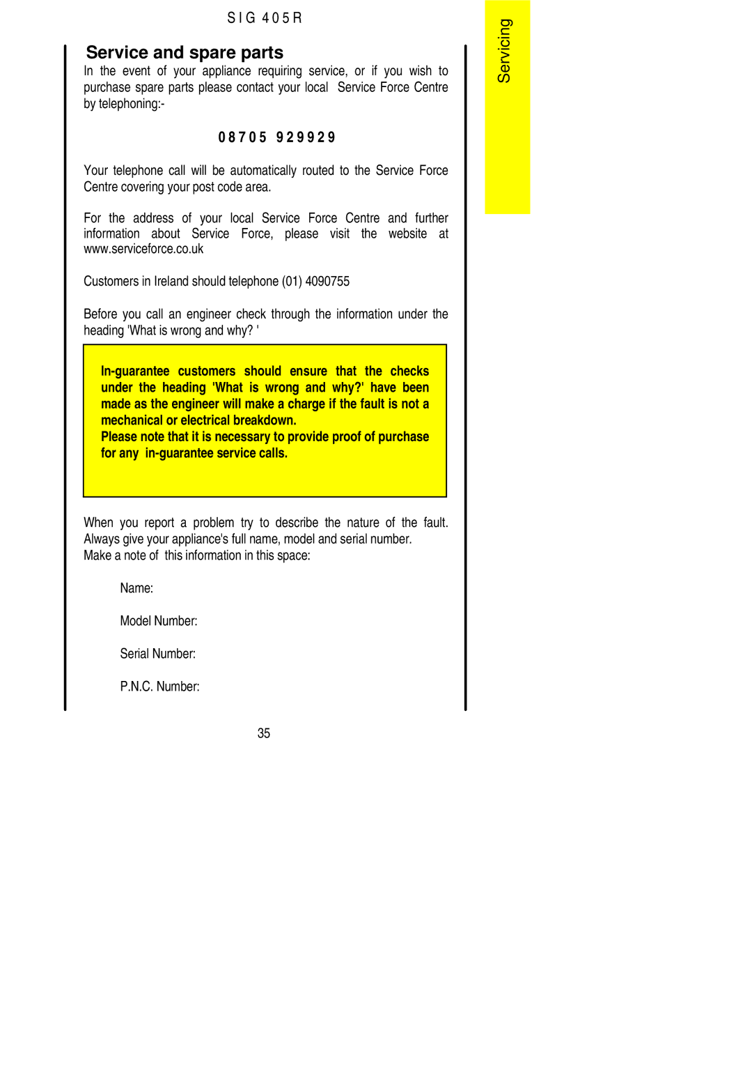 Electrolux SIG 405 R installation instructions Service and spare parts, 7 0 5 9 2 9 9 2 