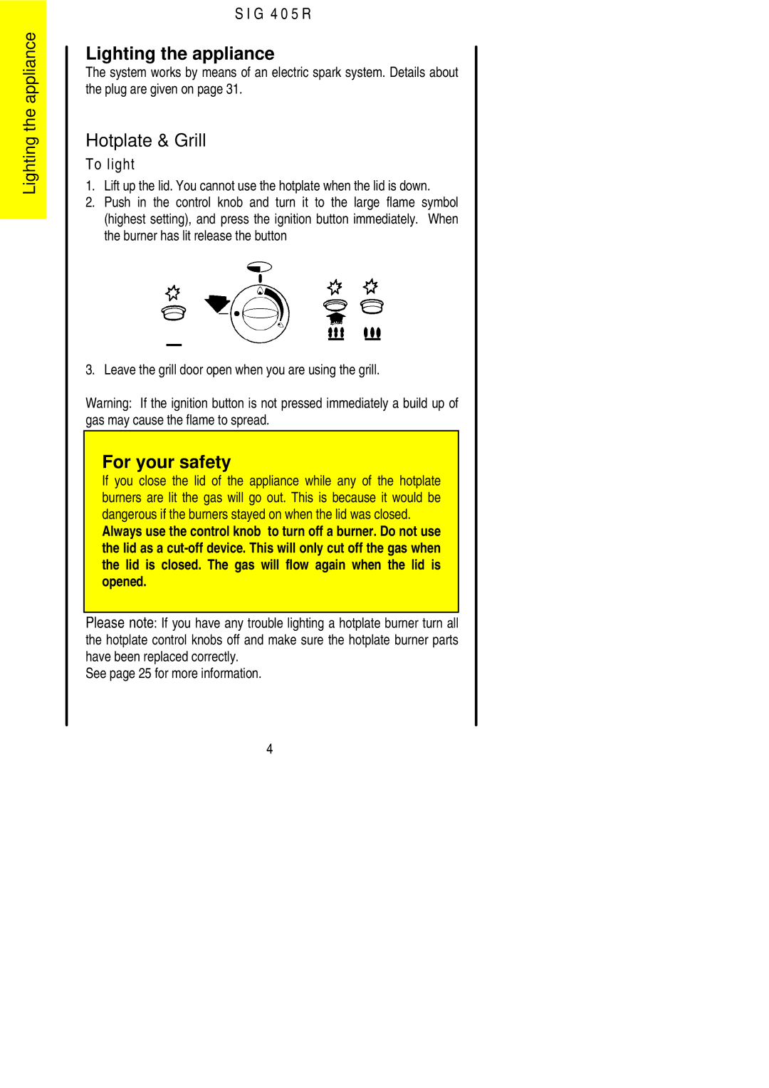 Electrolux SIG 405 R installation instructions Lighting the appliance, Hotplate & Grill 