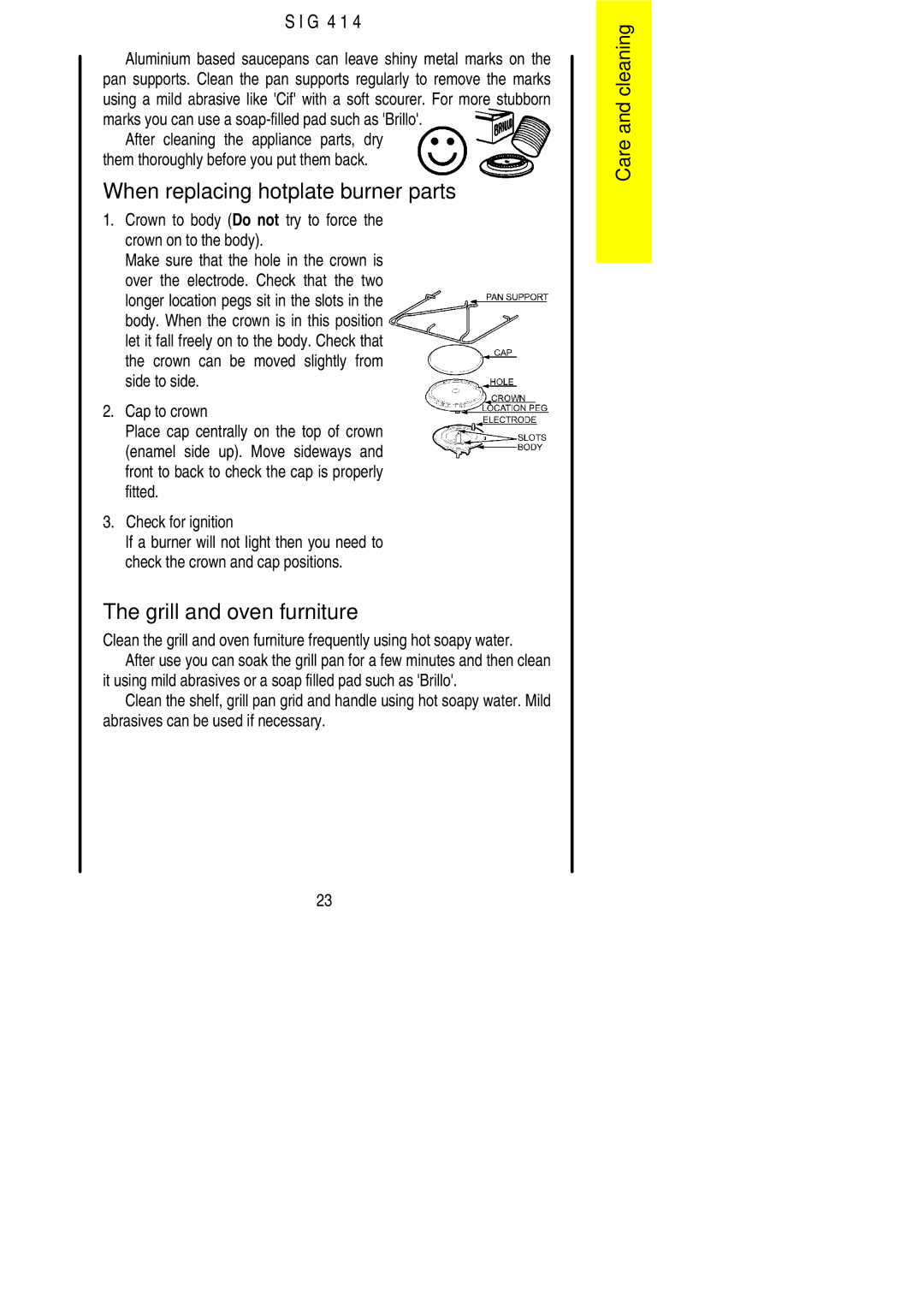 Electrolux SIG 414 installation instructions When replacing hotplate burner parts, Grill and oven furniture 