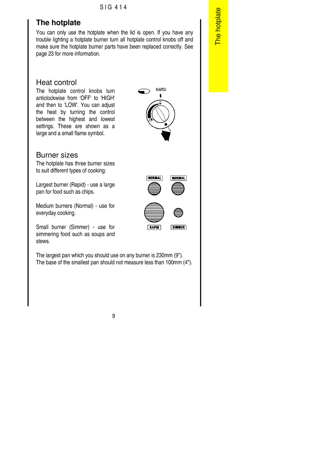 Electrolux SIG 414 installation instructions Hotplate, Burner sizes 