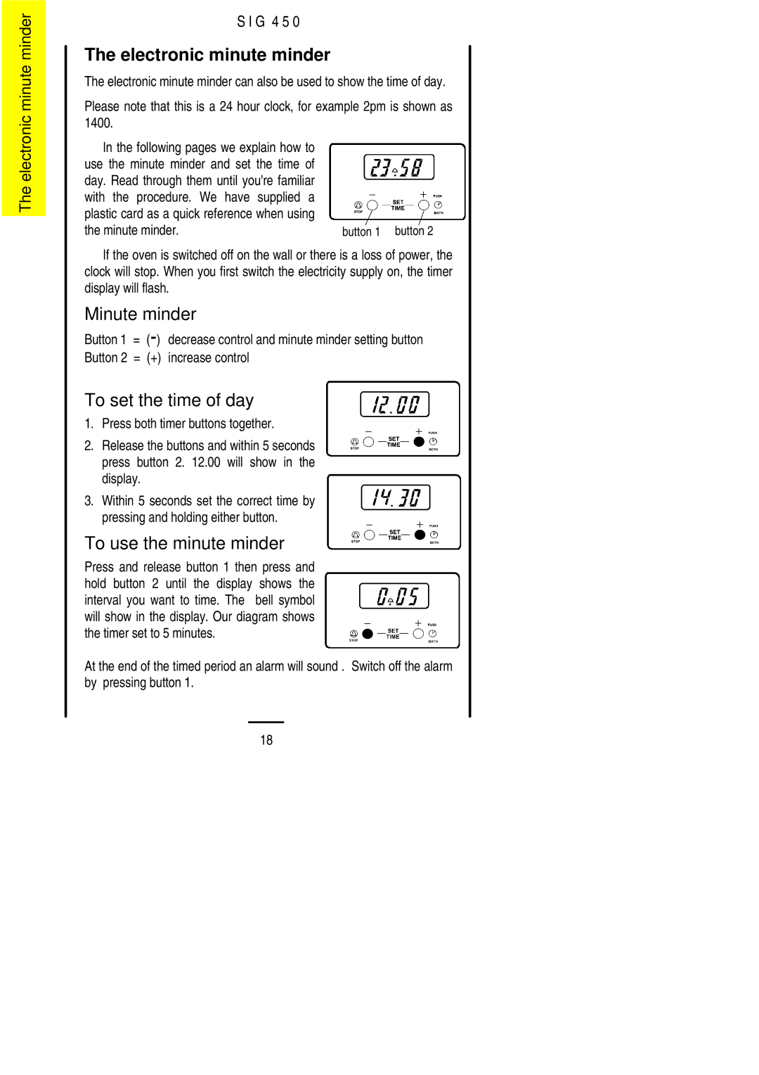 Electrolux SIG 450 Electronic minute minder, Minute minder, To set the time of day, To use the minute minder 