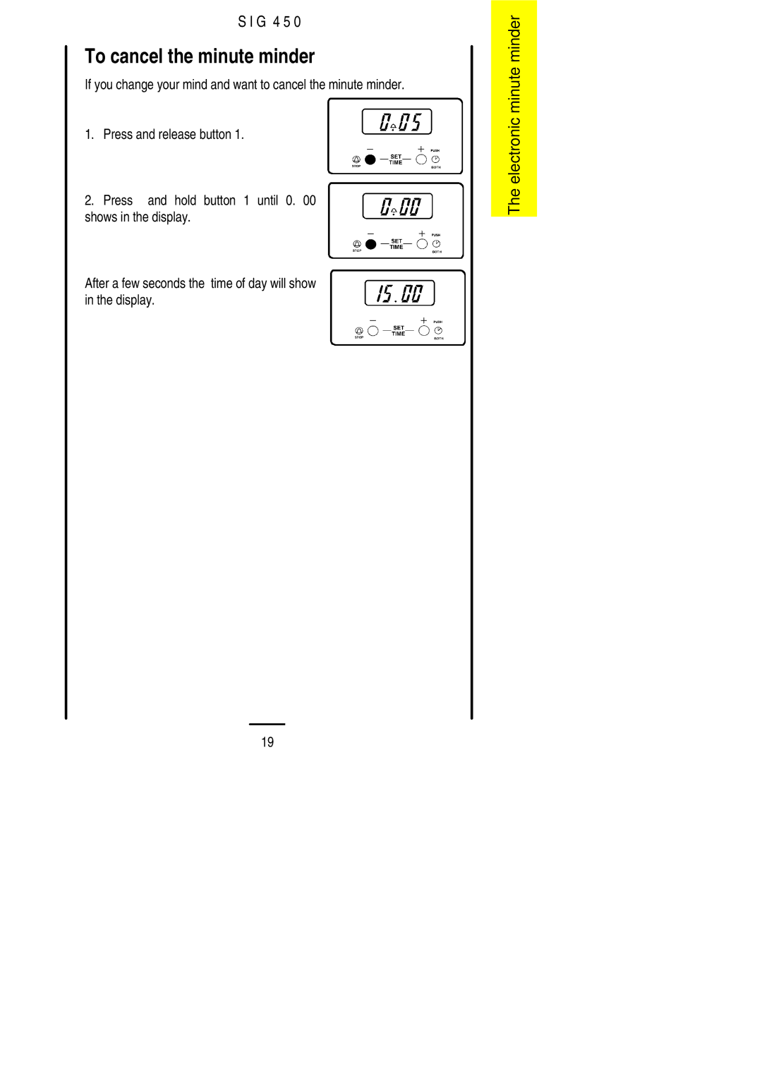 Electrolux SIG 450 installation instructions To cancel the minute minder 