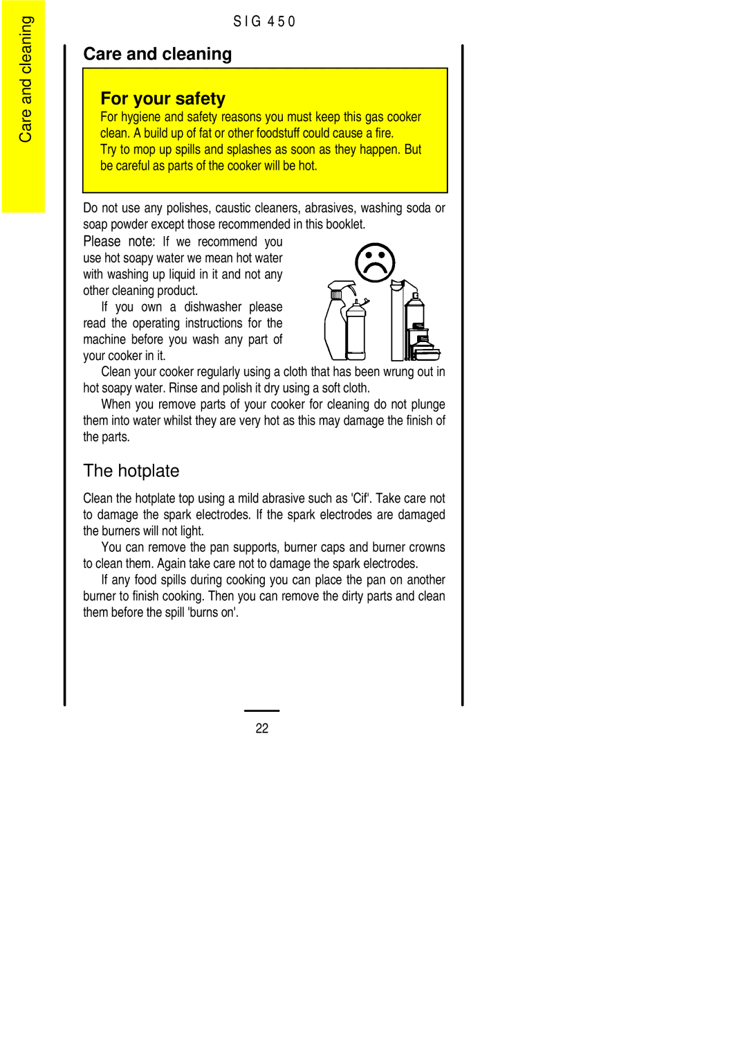 Electrolux SIG 450 installation instructions Care and cleaning For your safety, Hotplate 