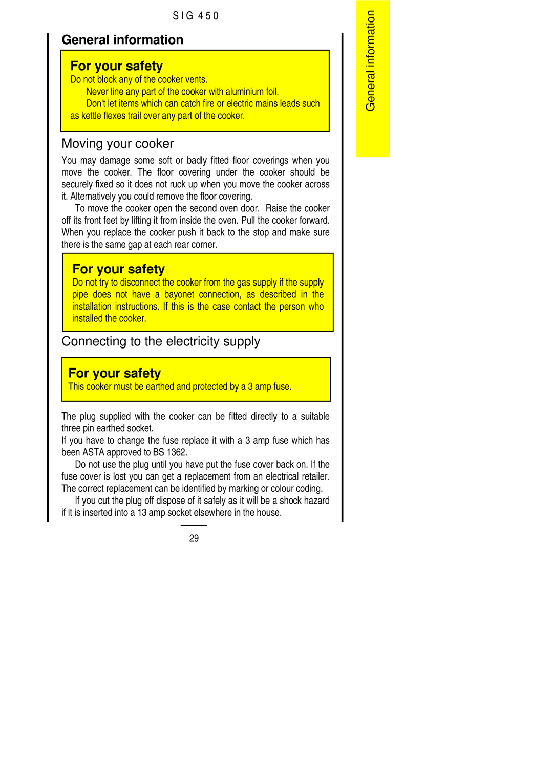 Electrolux SIG 450 General information For your safety, Moving your cooker, Connecting to the electricity supply 