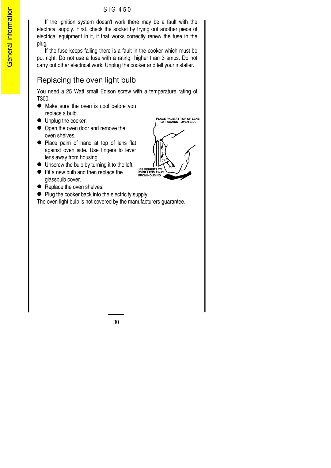 Electrolux SIG 450 installation instructions Replacing the oven light bulb 