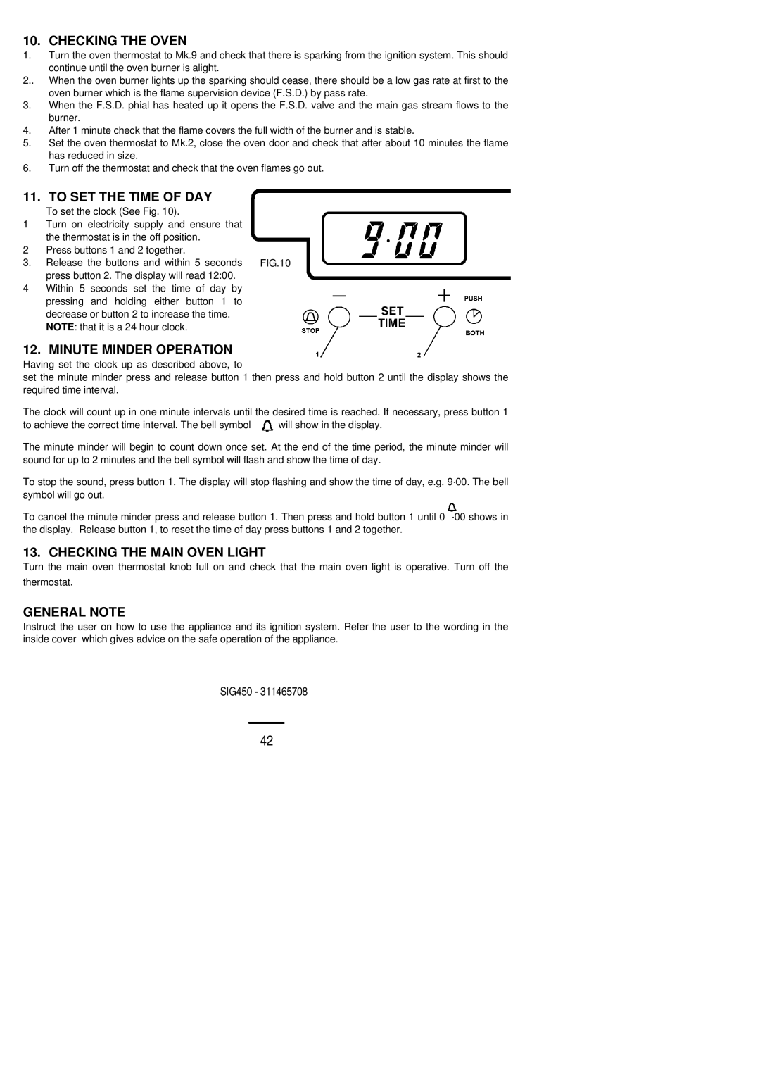 Electrolux SIG 450 Checking the Oven, To SET the Time of DAY, Minute Minder Operation, Checking the Main Oven Light 