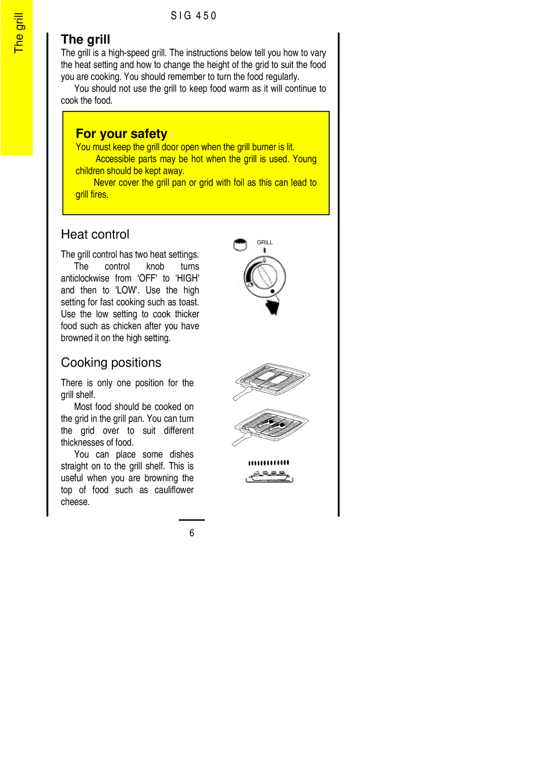 Electrolux SIG 450 installation instructions Grill, Heat control, Cooking positions, Browned it on the high setting 