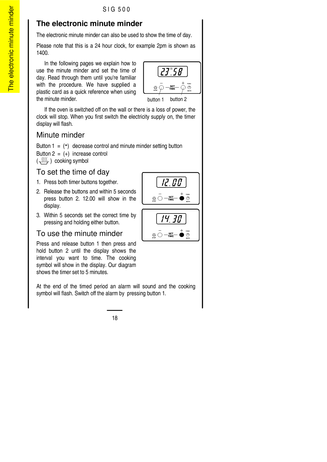 Electrolux SIG 500 Electronic minute minder, Minute minder, To set the time of day, To use the minute minder 