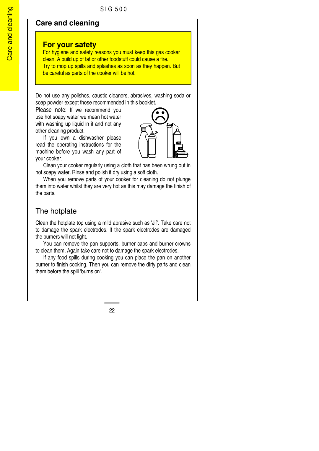 Electrolux SIG 500 installation instructions Care and cleaning For your safety, Hotplate 