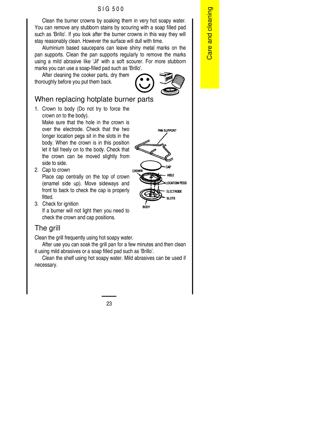 Electrolux SIG 500 When replacing hotplate burner parts, Grill, Crown to body Do not try to force the crown on to the body 