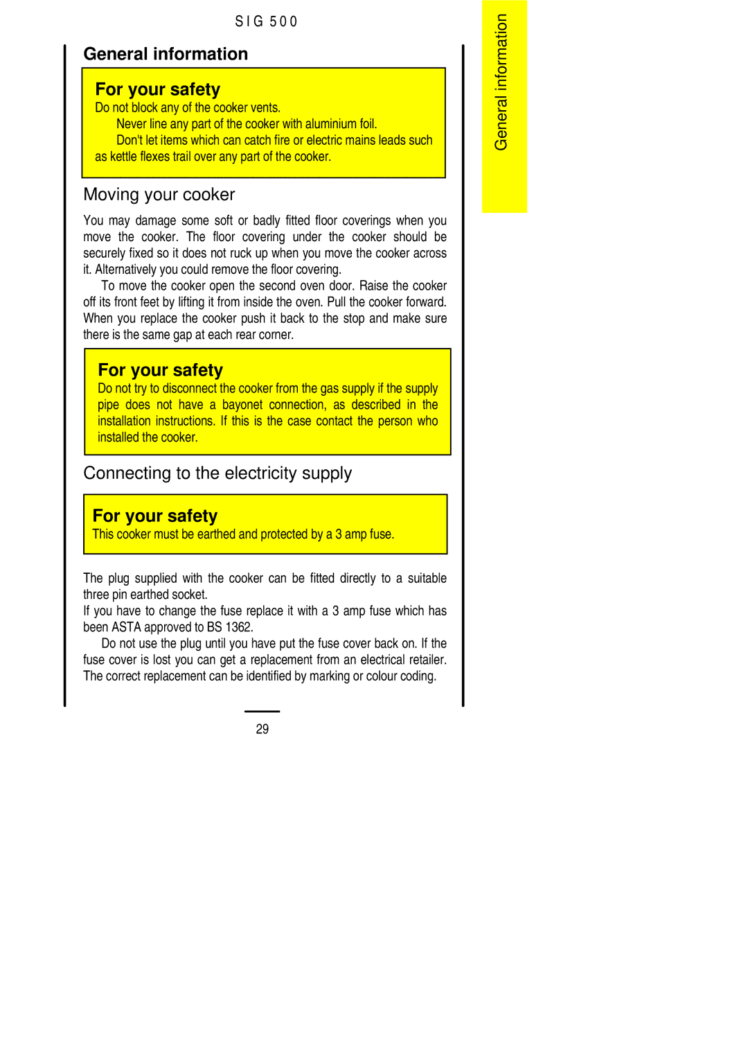 Electrolux SIG 500 General information For your safety, Moving your cooker, Connecting to the electricity supply 