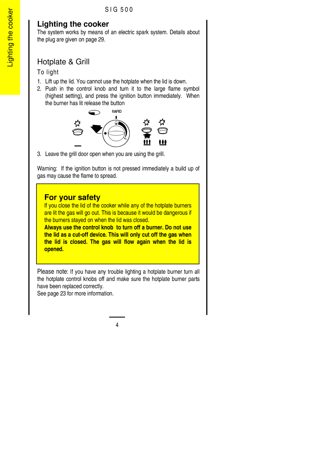 Electrolux SIG 500 installation instructions Lighting the cooker, Hotplate & Grill 