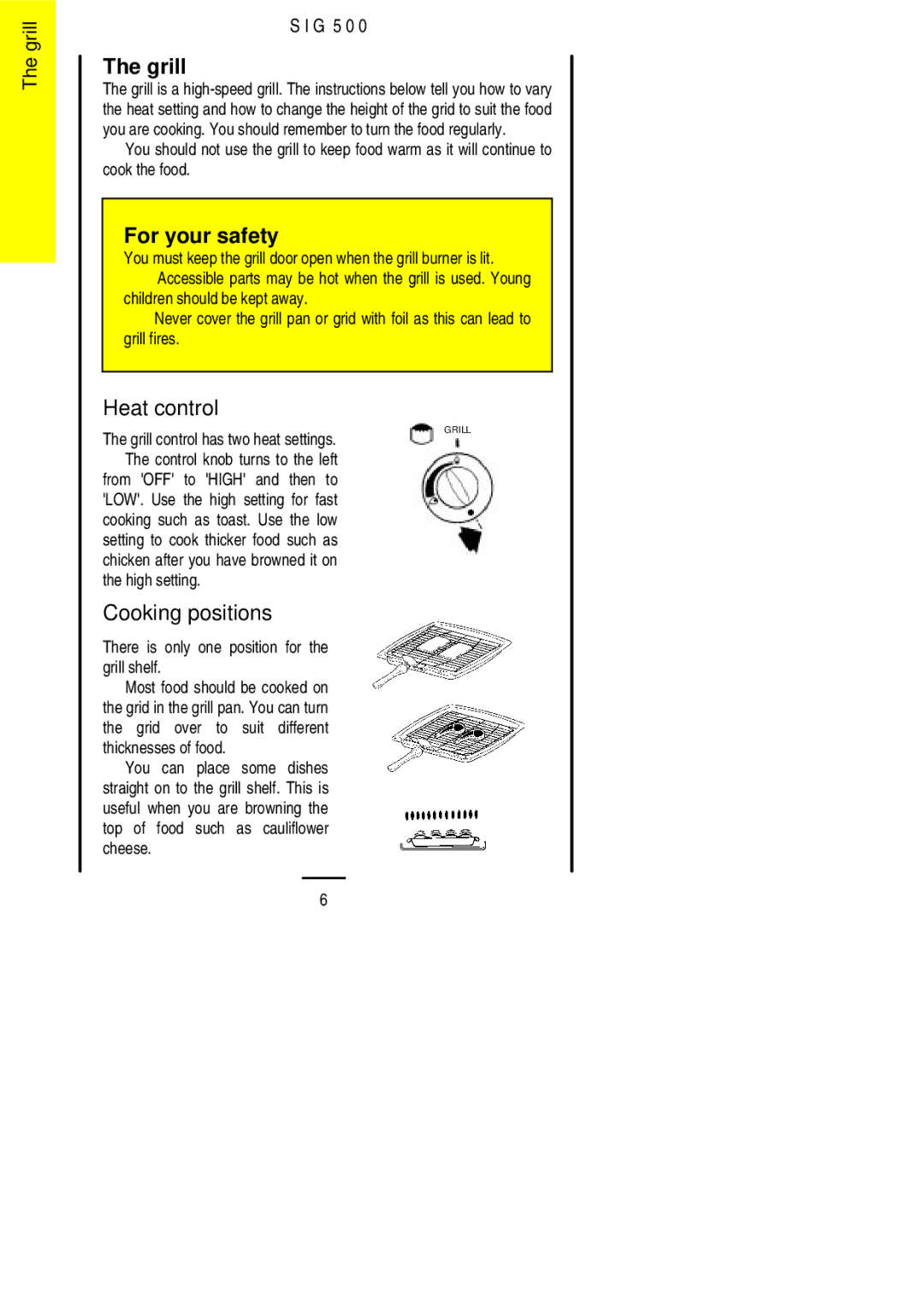 Electrolux SIG 500 Grill, Heat control, Cooking positions, High setting, There is only one position for the grill shelf 