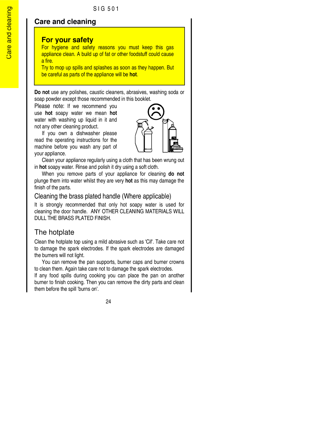 Electrolux SIG 501 Care and cleaning For your safety, Cleaning the brass plated handle Where applicable 