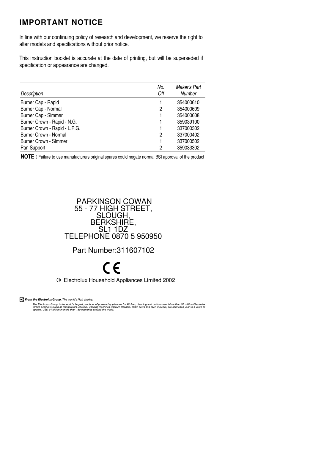 Electrolux SIG 501 installation instructions Important Notice, Telephone 0870 5 Part Number311607102 