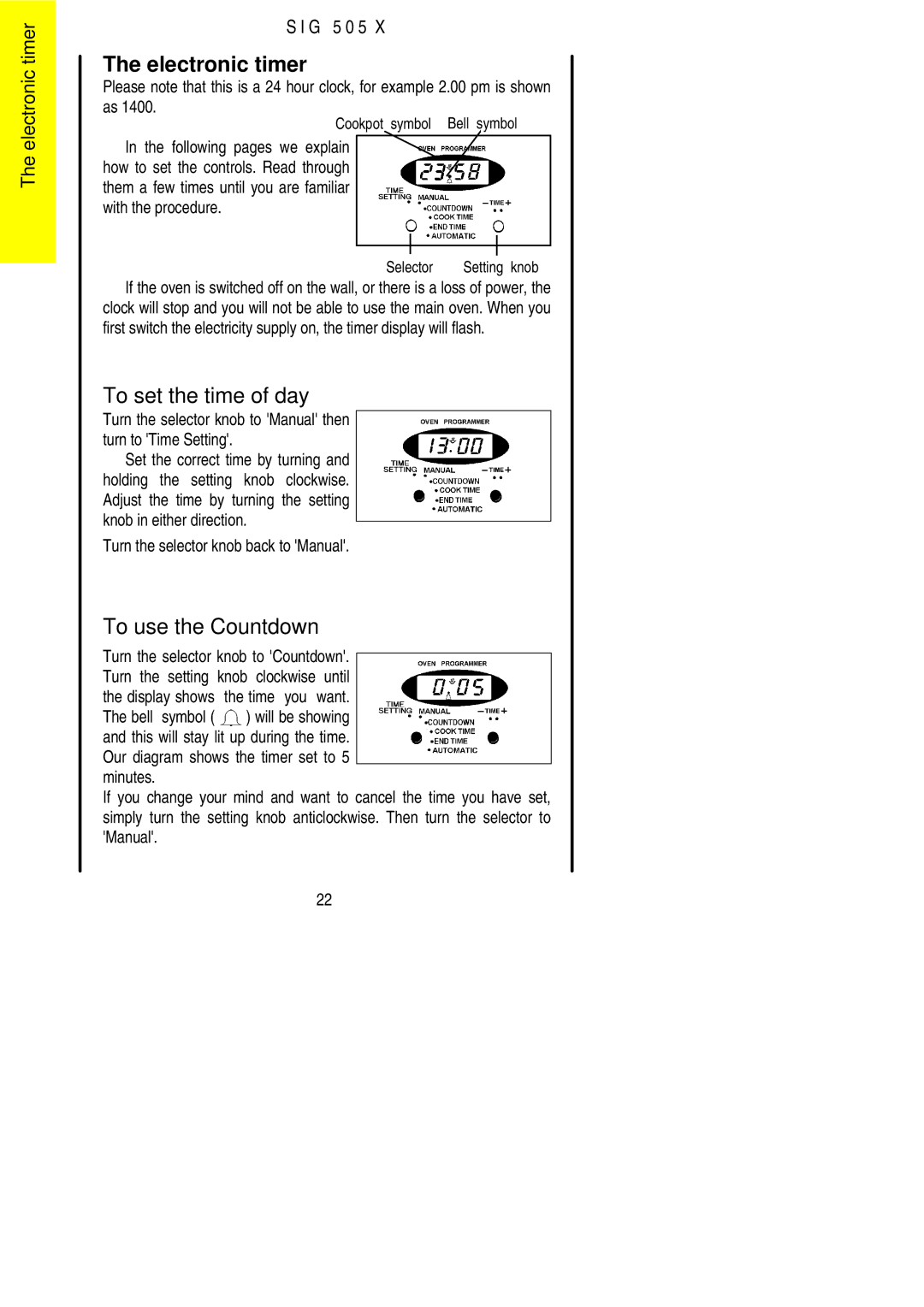 Electrolux SIG 505 X Electronic timer, To set the time of day, To use the Countdown, Turn the selector knob back to Manual 