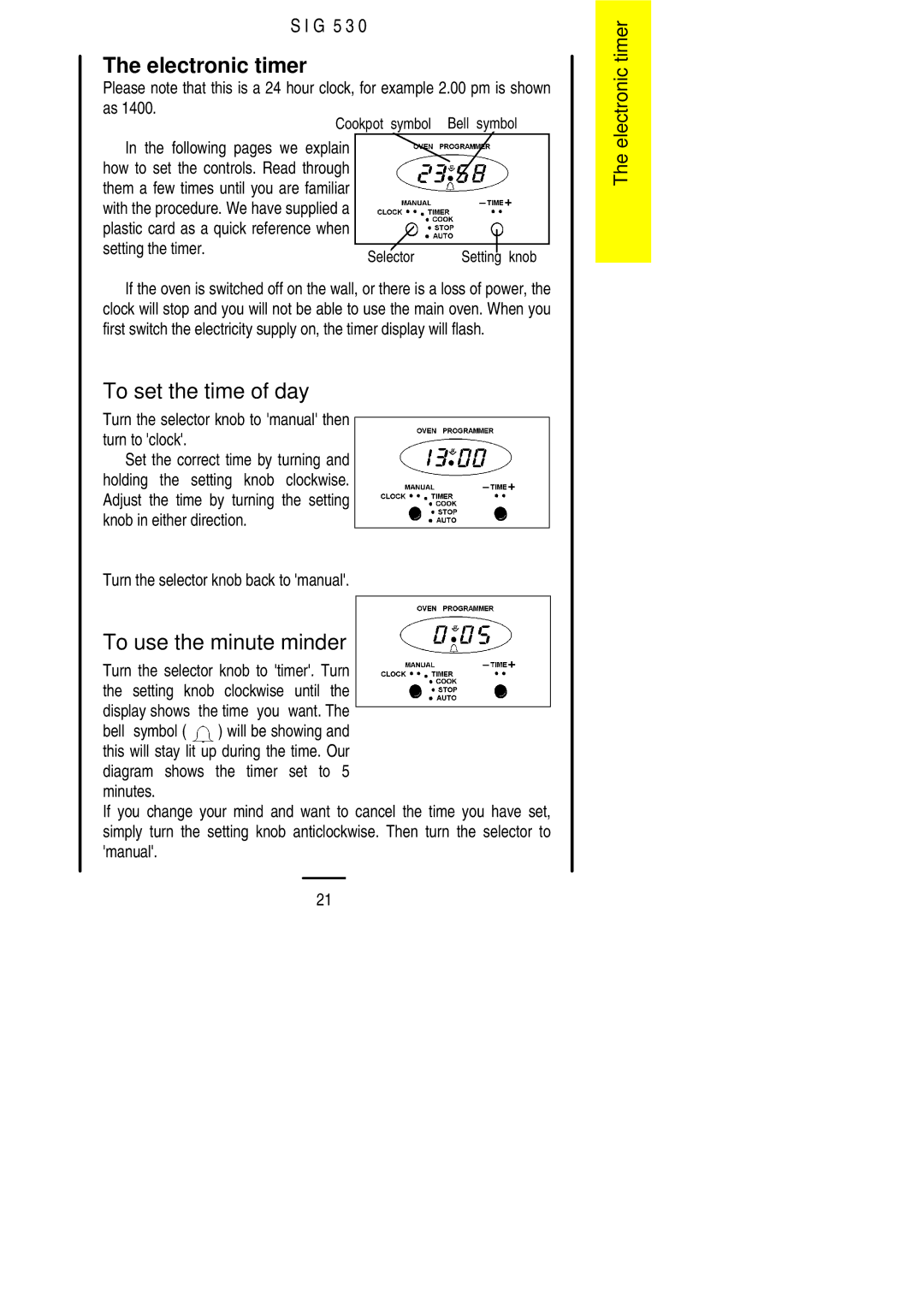 Electrolux SIG 530 installation instructions Electronic timer, To set the time of day, To use the minute minder 