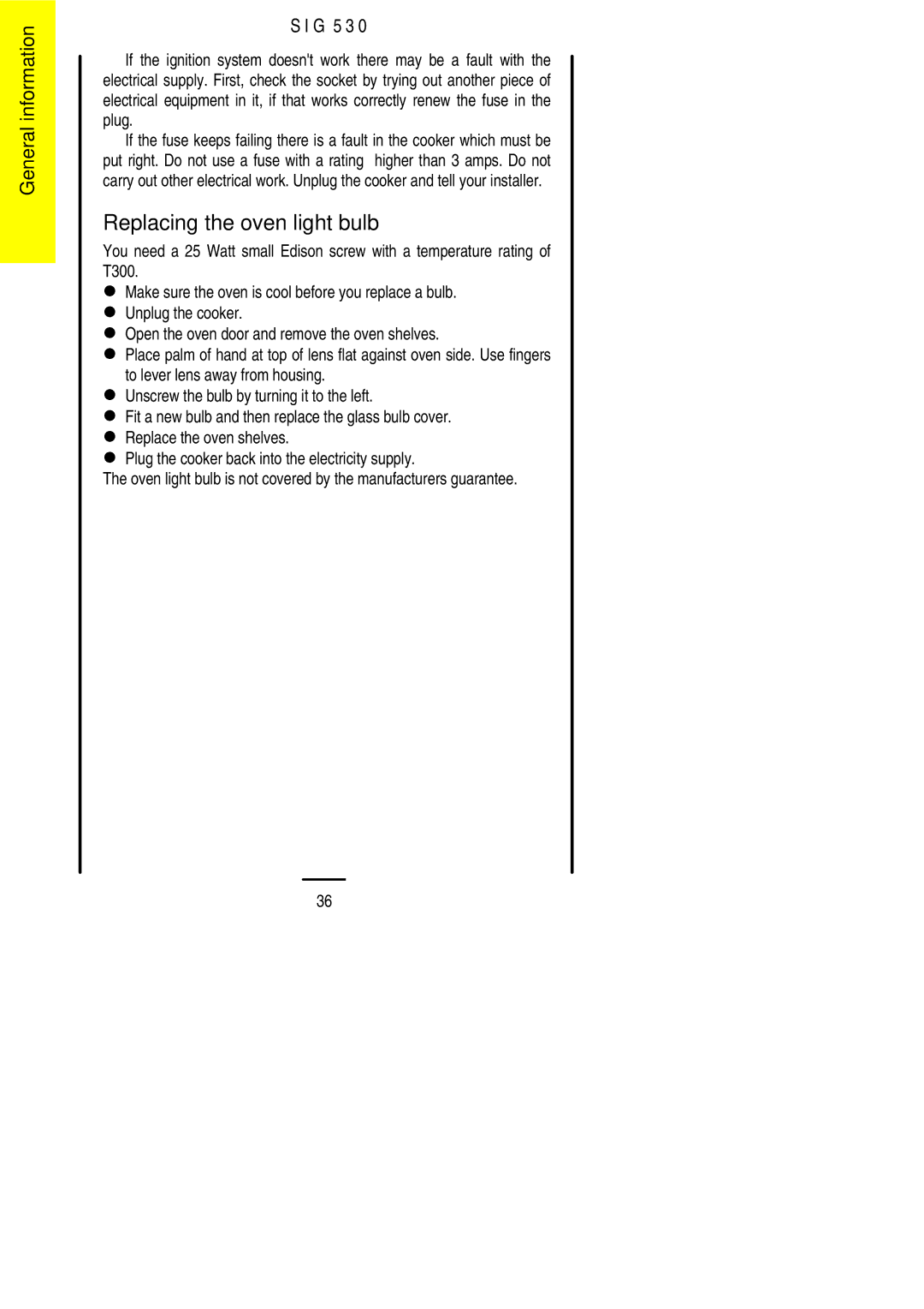 Electrolux SIG 530 installation instructions Replacing the oven light bulb 