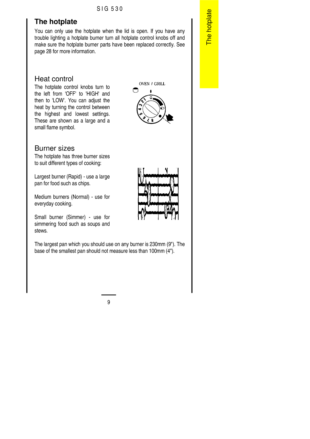 Electrolux SIG 530 installation instructions Hotplate, Burner sizes 