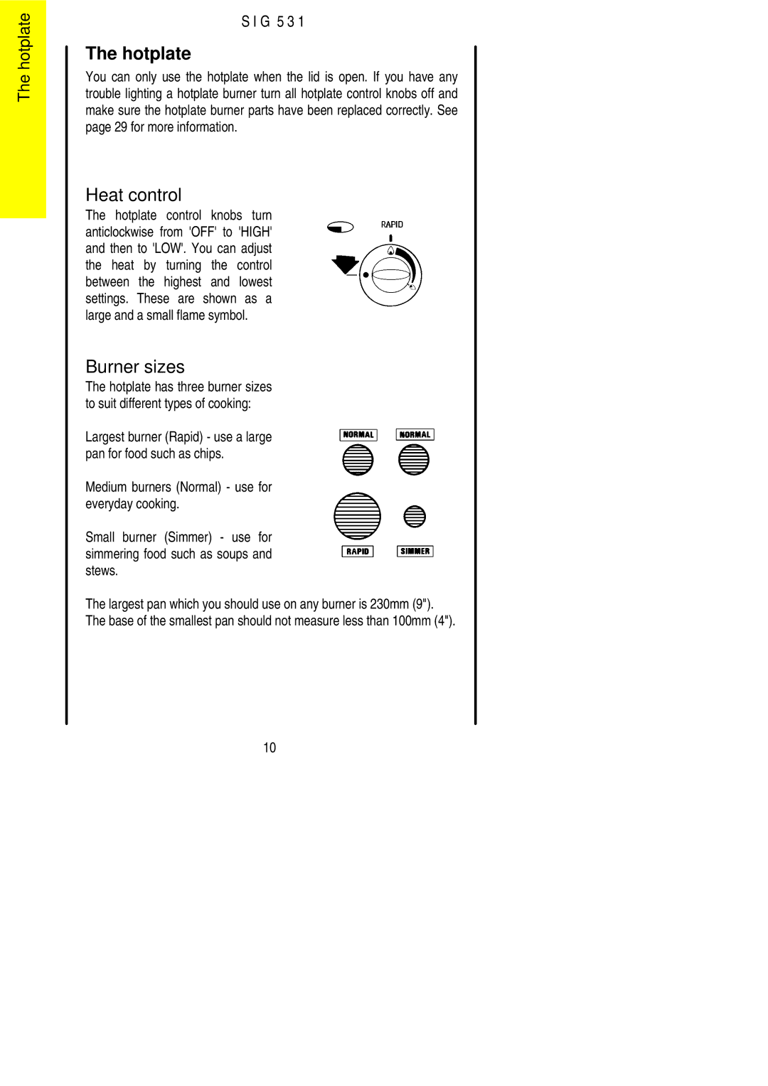 Electrolux SIG 531 installation instructions Hotplate, Burner sizes 