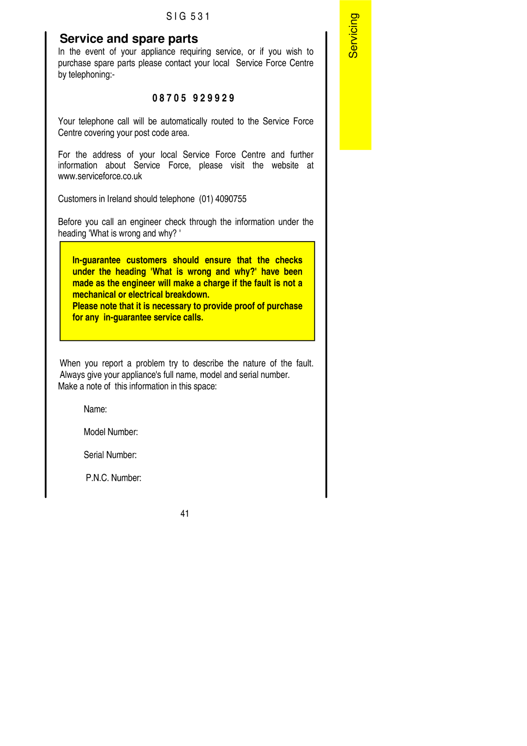 Electrolux SIG 531 installation instructions Service and spare parts, 7 0 5 9 2 9 9 2 