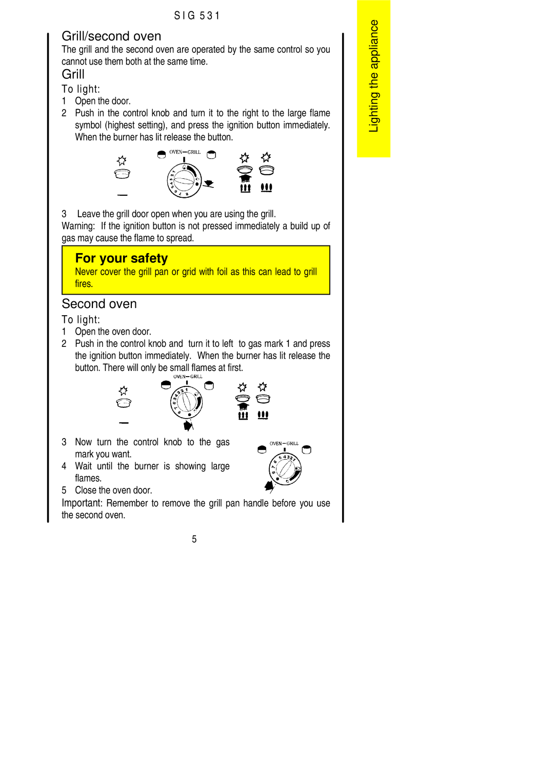 Electrolux SIG 531 installation instructions Grill/second oven, Second oven 