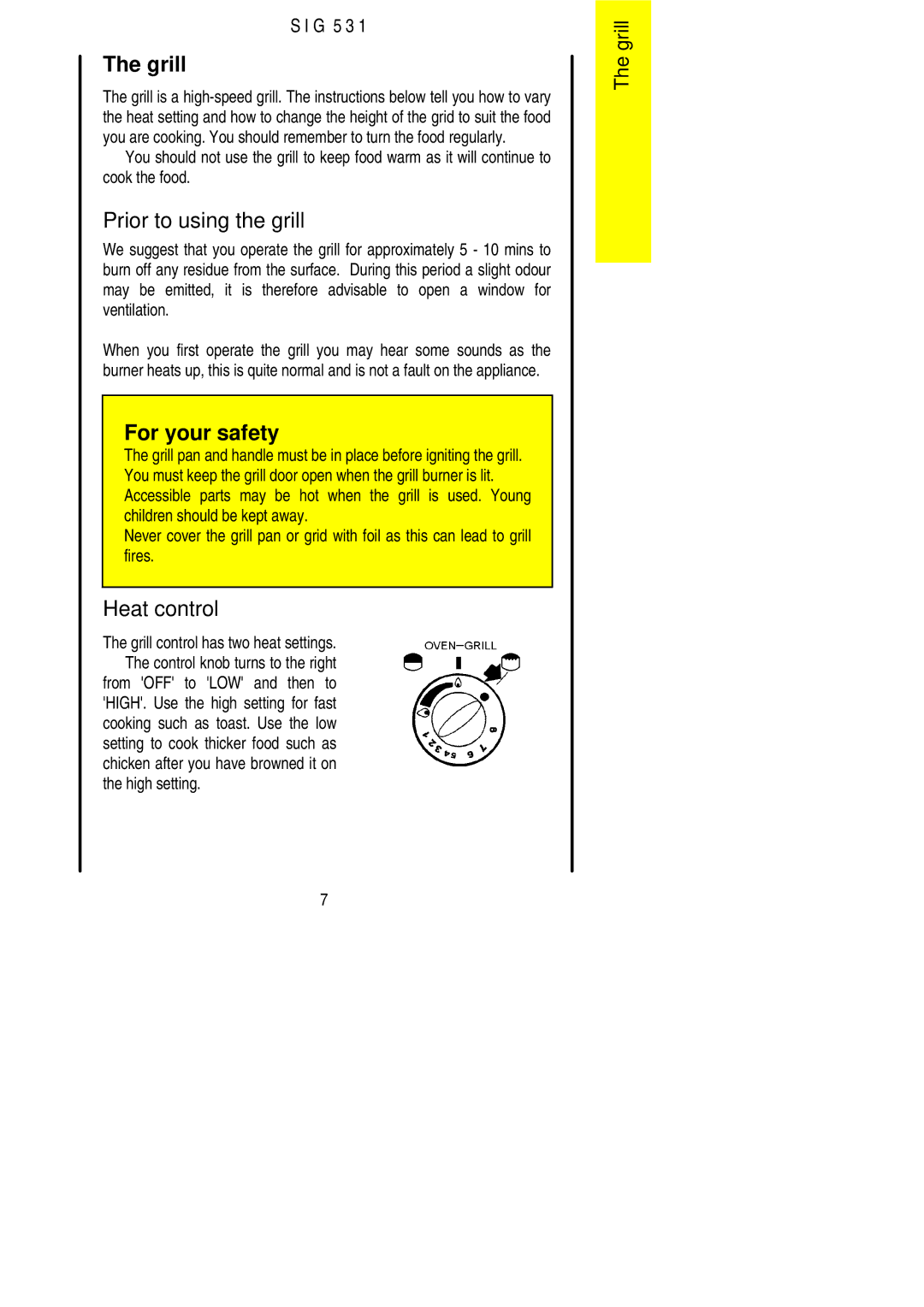 Electrolux SIG 531 installation instructions Grill, Prior to using the grill, Heat control, High setting 