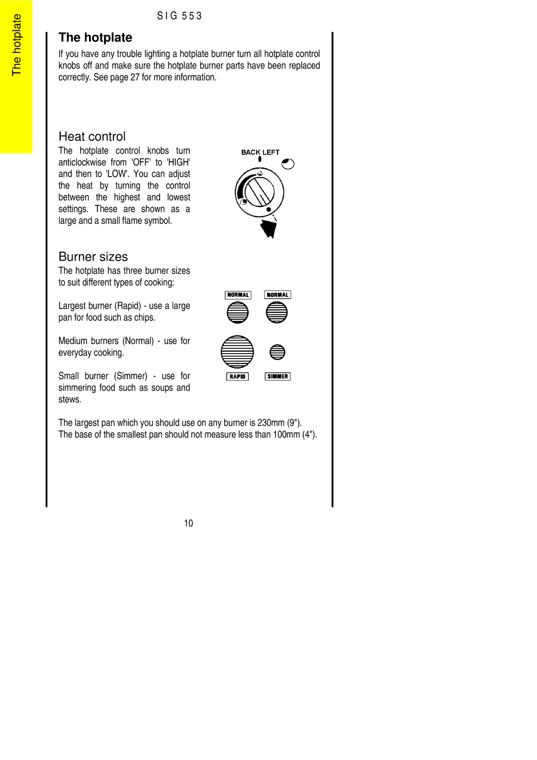 Electrolux SIG 553 installation instructions Hotplate, Burner sizes 