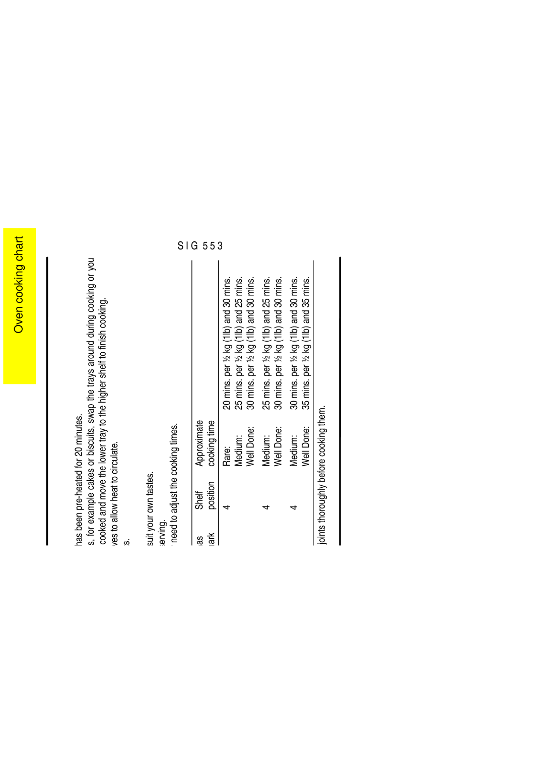 Electrolux SIG 553 installation instructions Oven cooking chart Main oven 