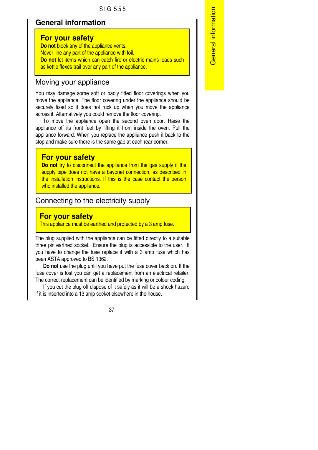 Electrolux SIG 555 General information For your safety, Moving your appliance, Connecting to the electricity supply 