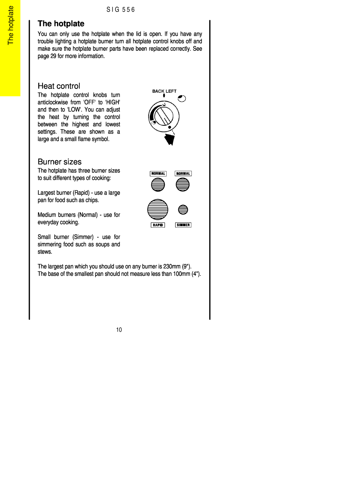 Electrolux SIG 556 installation instructions The hotplate, Burner sizes, Heat control, S I G 5 5 