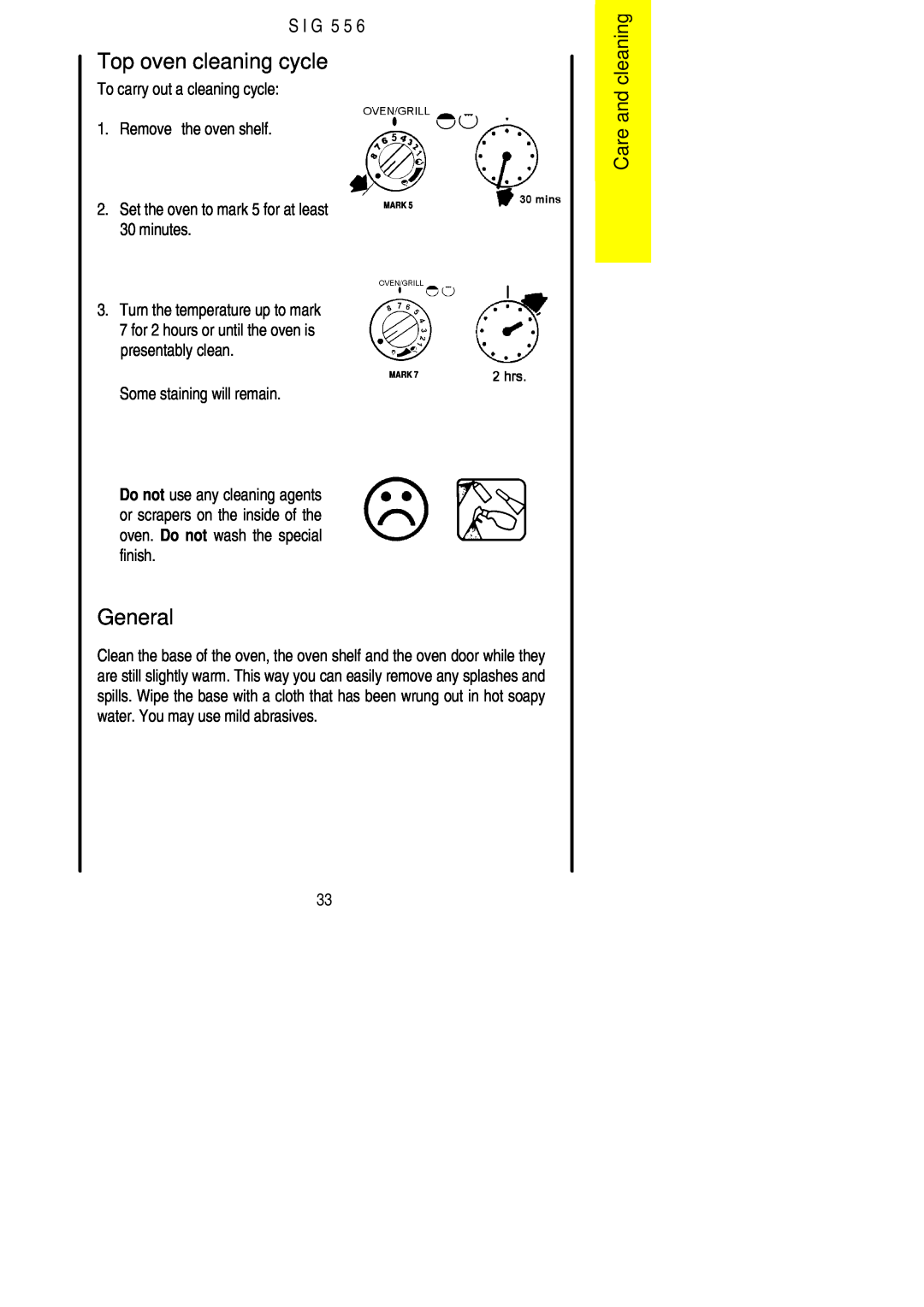 Electrolux SIG 556 installation instructions Top oven cleaning cycle, General, Care and cleaning, S I G 5 5, Mark 