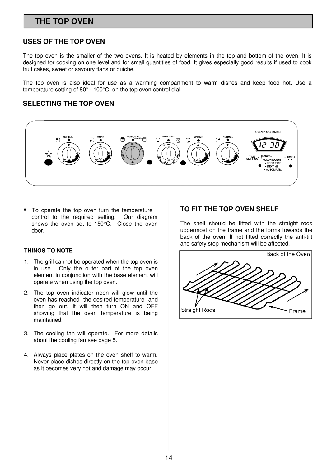 Electrolux SIM 533 installation instructions Uses of the TOP Oven, Selecting the TOP Oven, To FIT the TOP Oven Shelf 