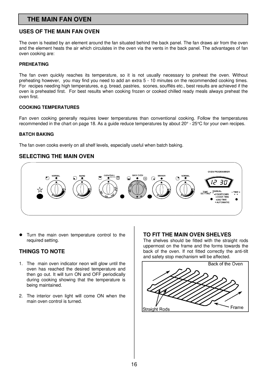 Electrolux SIM 533 Uses of the Main FAN Oven, Selecting the Main Oven, To FIT the Main Oven Shelves 