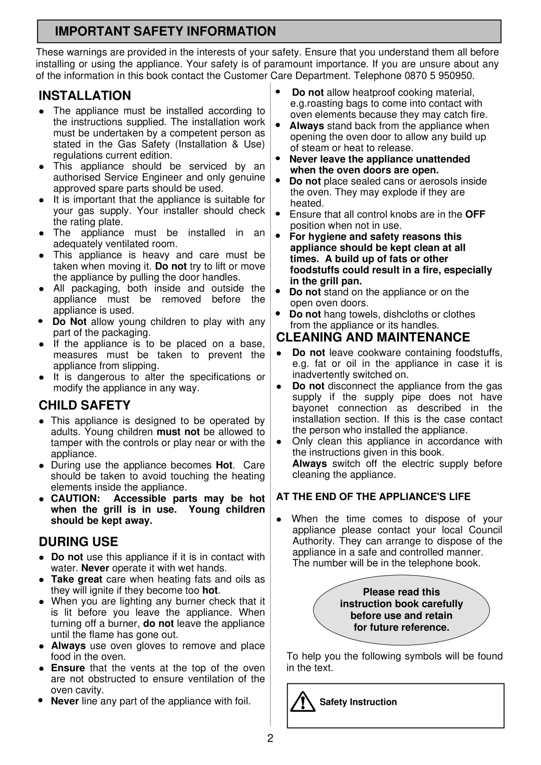 Electrolux SIM 533 Important Safety Information, Installation, Child Safety, During USE, Cleaning and Maintenance 