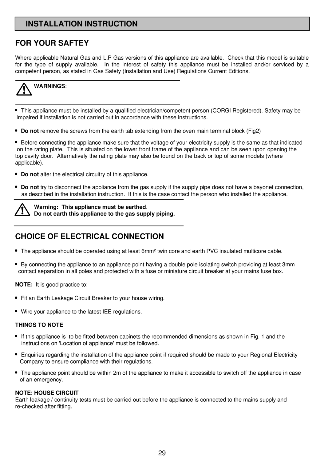 Electrolux SIM 533 installation instructions Installation Instruction For Your Saftey, Choice of Electrical Connection 