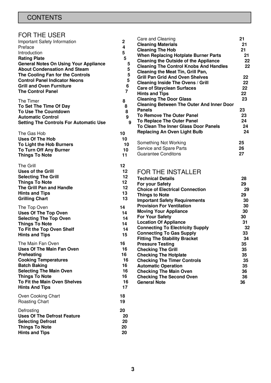 Electrolux SIM 533 installation instructions Contents For the User, For the Installer 