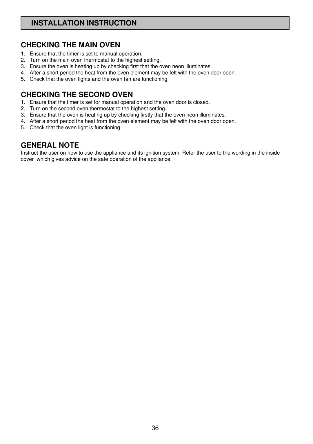 Electrolux SIM 533 Installation Instruction Checking the Main Oven, Checking the Second Oven, General Note 