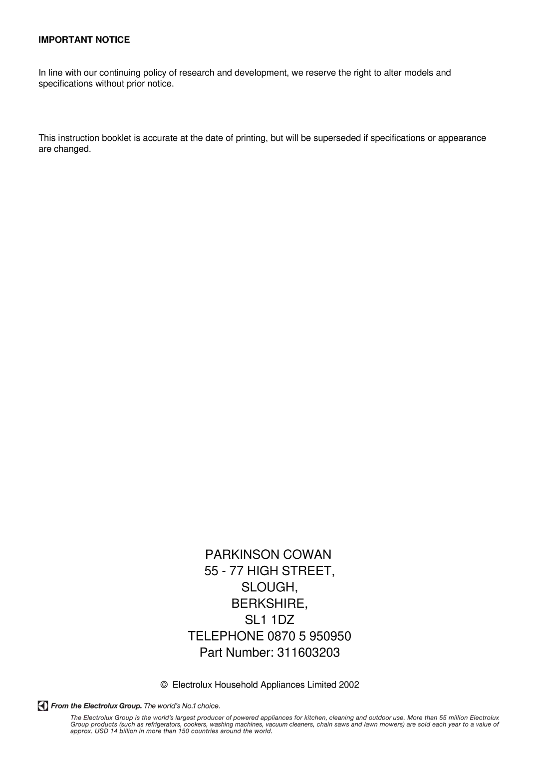 Electrolux SIM 533 installation instructions Important Notice 