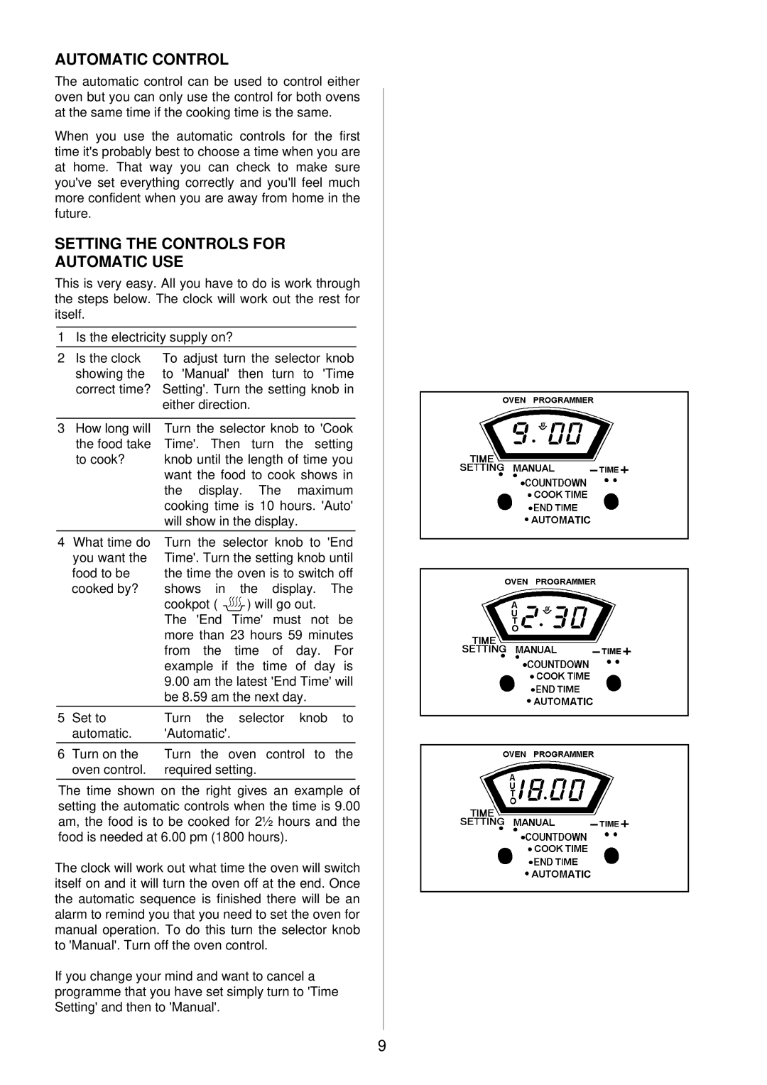 Electrolux SIM 533 installation instructions Automatic Control, Setting the Controls for Automatic USE 