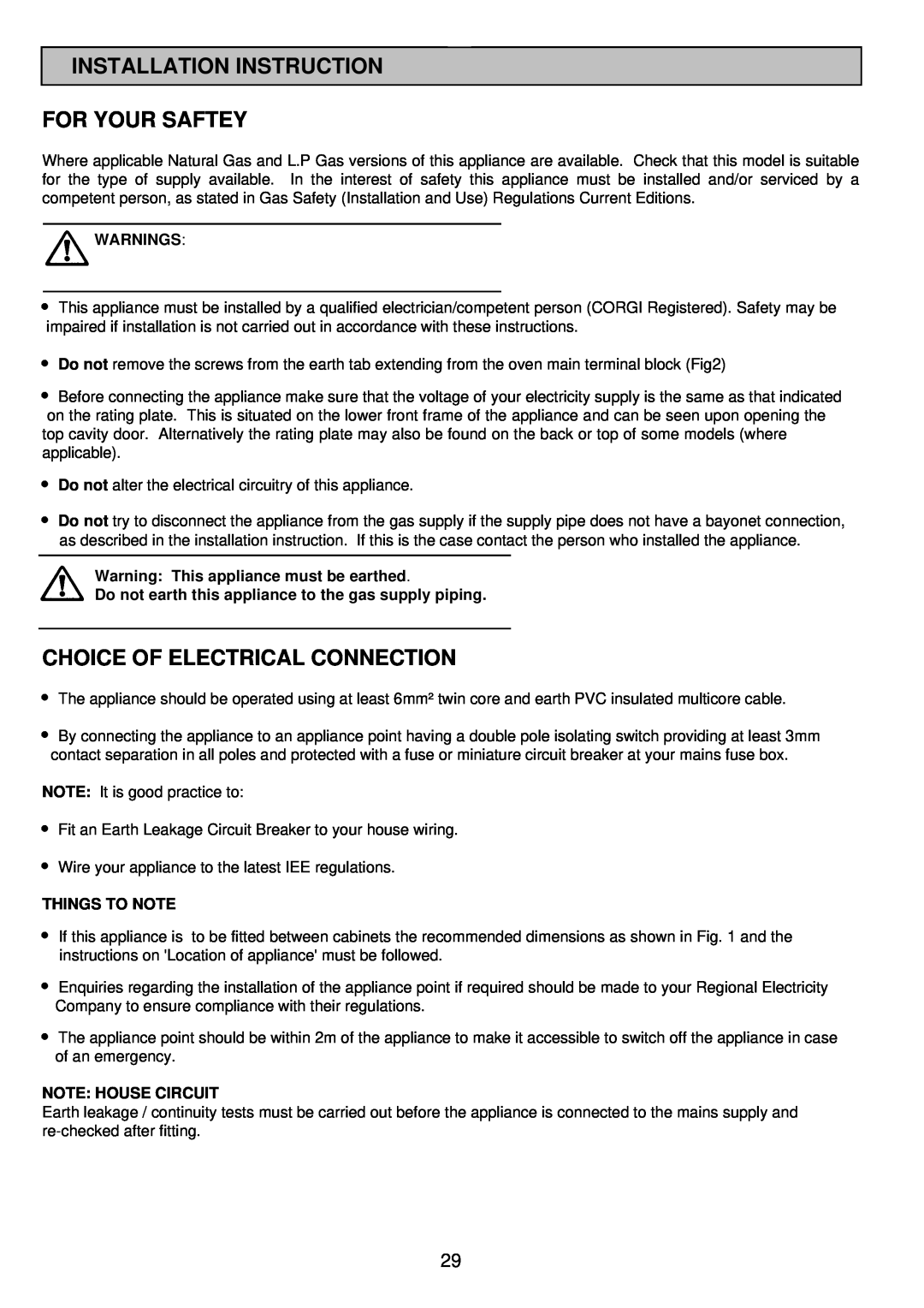 Electrolux SIM 533 installation instructions Installation Instruction For Your Saftey, Choice Of Electrical Connection 