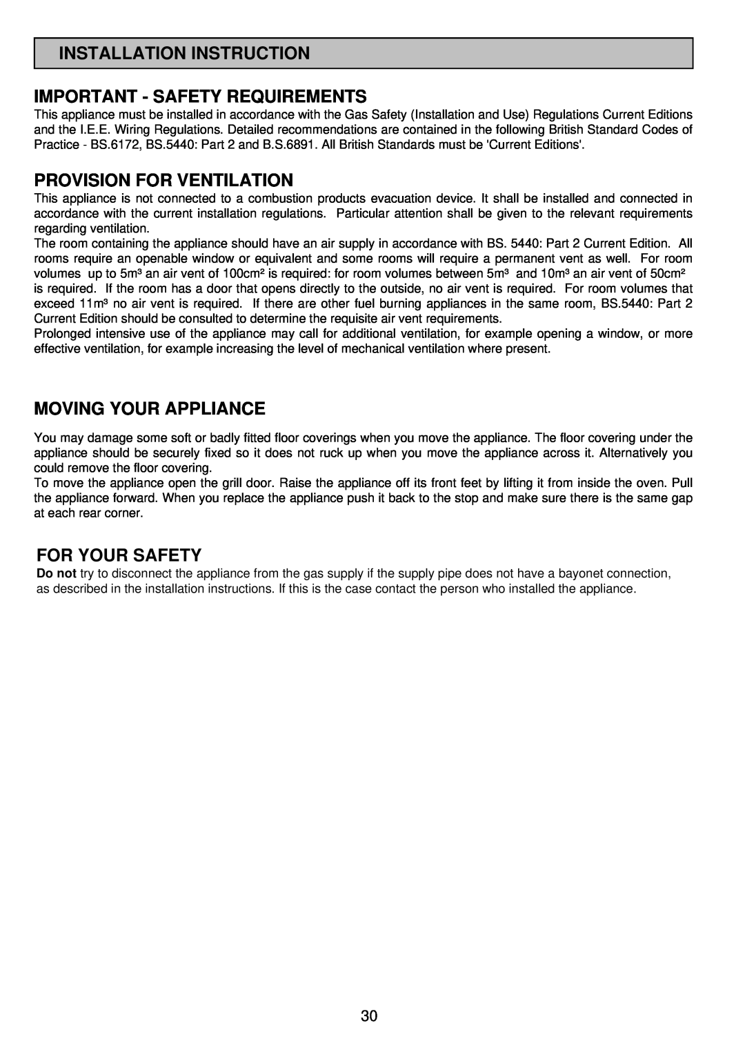 Electrolux SIM 533 Installation Instruction Important - Safety Requirements, Provision For Ventilation, For Your Safety 