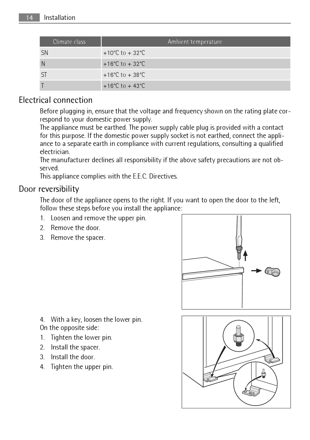 Electrolux SKS31240S0, SKS61240S0 user manual Electrical connection, Door reversibility 