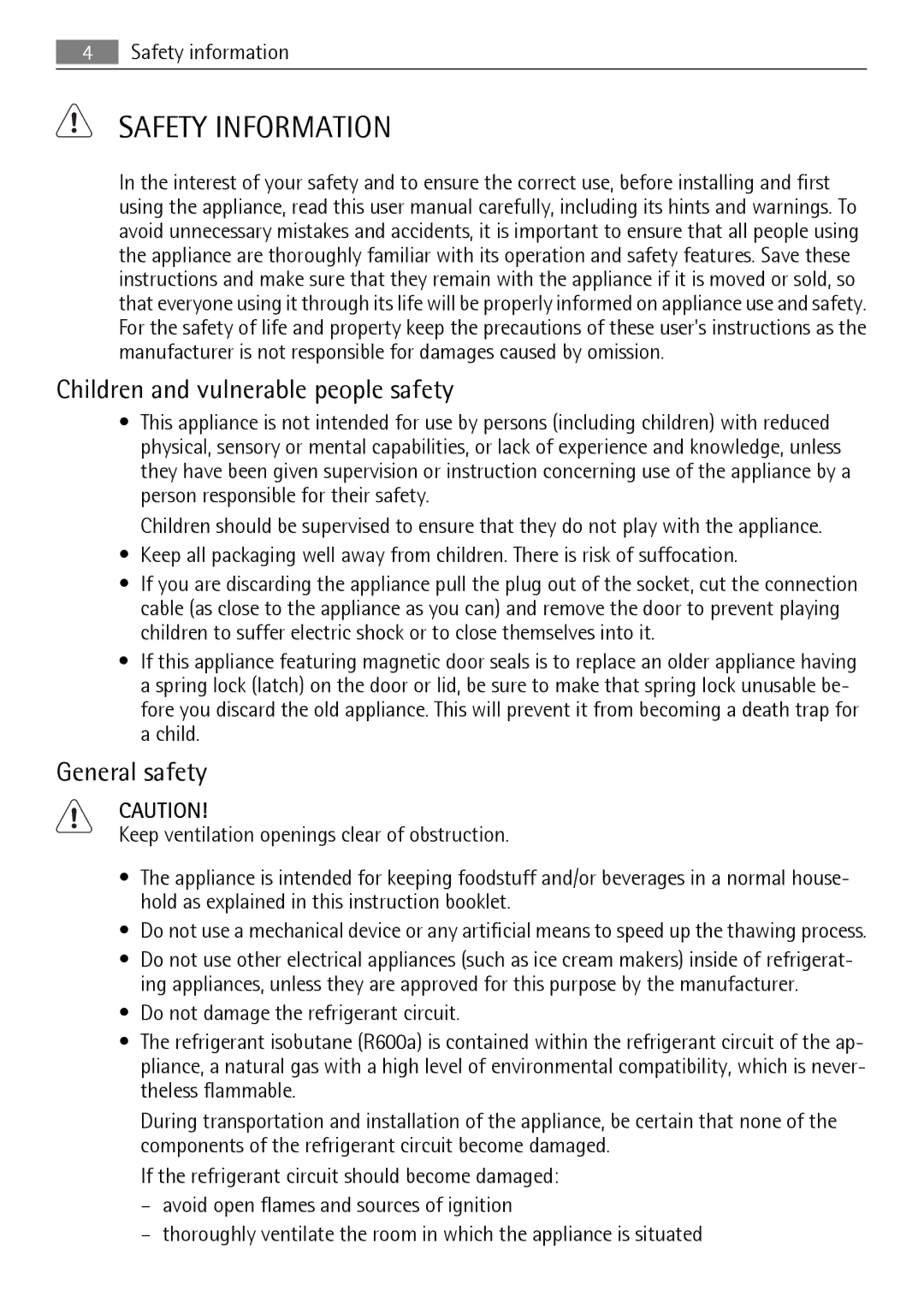 Electrolux SKS31240S0, SKS61240S0 user manual Safety Information, Children and vulnerable people safety, General safety 